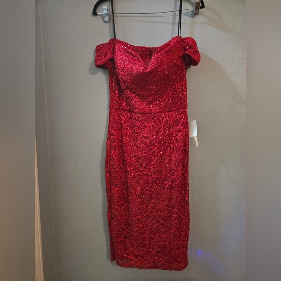 B. Smart Scarlet Lace Off-Shoulder Midi Dress Sweatheart Cocktail Sequin Party - Picture 5 of 7